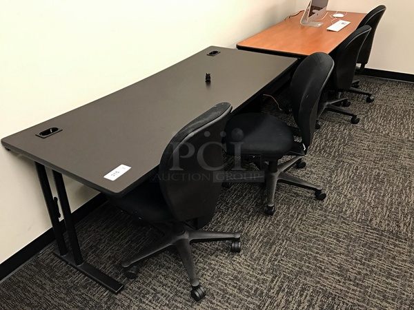 Three Desks, Four Herman Miller Task Chairs & Two Stackable Black Side Chairs