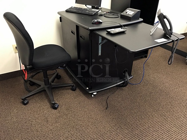 Smart Solution Presenter Podium on Casters Includes Middle Atlantic Power Management System, Extra IN1506 Presentation Switcher, JVC DVD & VHS Player & Herman Miller Task Chair