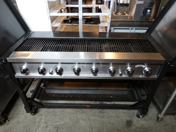 AWESOME! Bakers and Chefs Model ST1017-012939 Commercial Stainless Steel Propane Gas Powered Portable Charbroiler Grill w/ 2 Lids and Cover on Commercial Casters. 77x26x36. Tested and Working!
