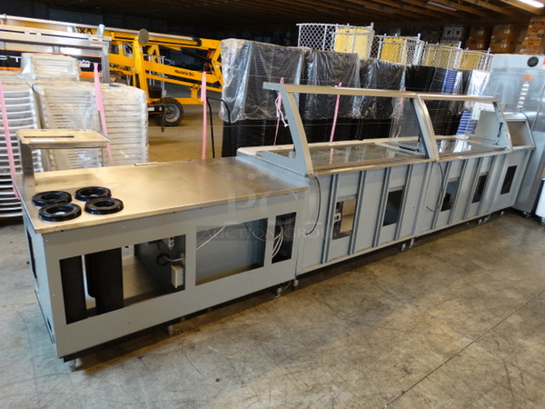 FANTASTIC! Duke Stainless Steel Commercial Subway Sandwich Make Line Prep Line Station w/ Lowering Sneeze Guards, Drop In Bins, Lids, 4 In Counter Cup Dispensers and 2 Panels. 208x35x58. Panels: 84x5x30, 79x1x23. Tested and Working!