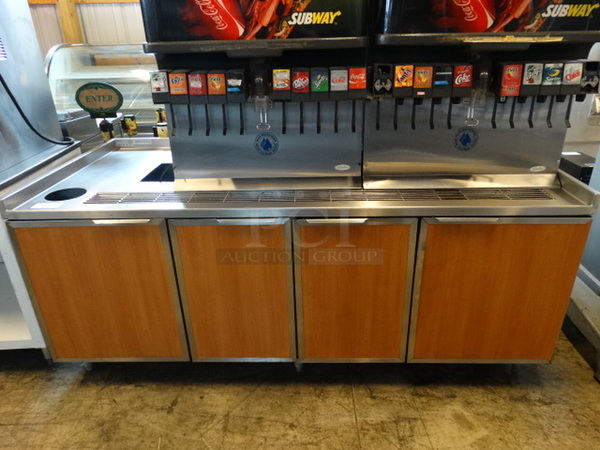 NICE! 2006 Duke Model SUBBD-84-RM Stainless Steel Commercial Soda Station w/ 4 Wood Pattern Doors and Drip Tray. 84x38x36