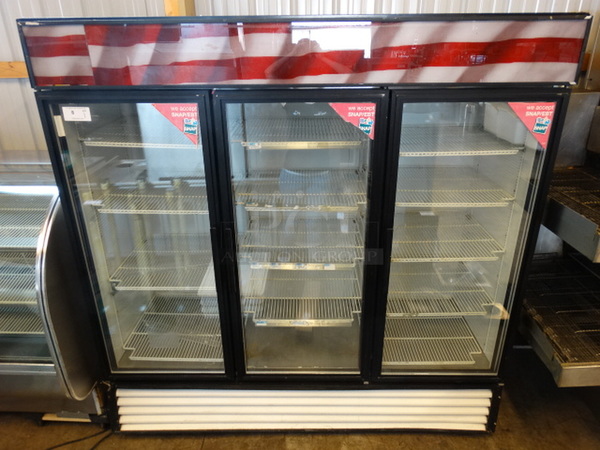 GREAT! True Model GDM-72 Commercial 3 Door Reach In Cooler Merchandiser w/ Poly Coated Racks. 115 Volts, 1 Phase. 78x32x79. Tested and Working!