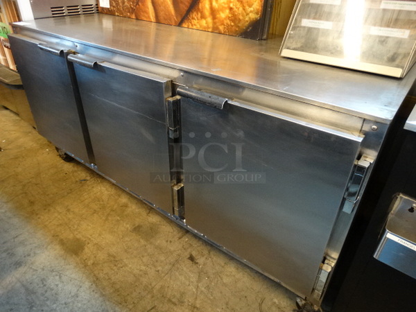 NICE! Beverage Air Model UCR72A Stainless Steel Commercial 3 Door Undercounter Cooler on Commercial Casters. 115 Volts, 1 Phase. 72x30x34. Tested and Working!