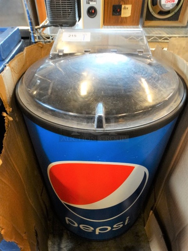 IN ORIGINAL BOX! Poly Pepsi Refrigerated Bottle Merchandiser Bin w/ Poly Clear Lid. 23x23x40. Tested and Working!