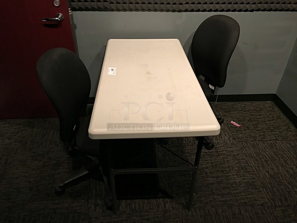 Folding White Plastic Table w/ 2 Herman Miller Task Chairs