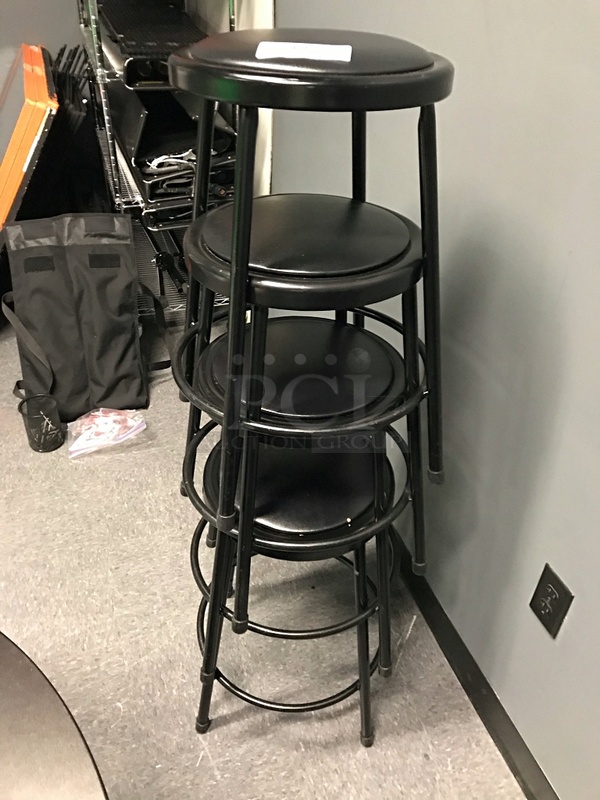 Four Stackable Black Metal Stools w/ Padded Seat