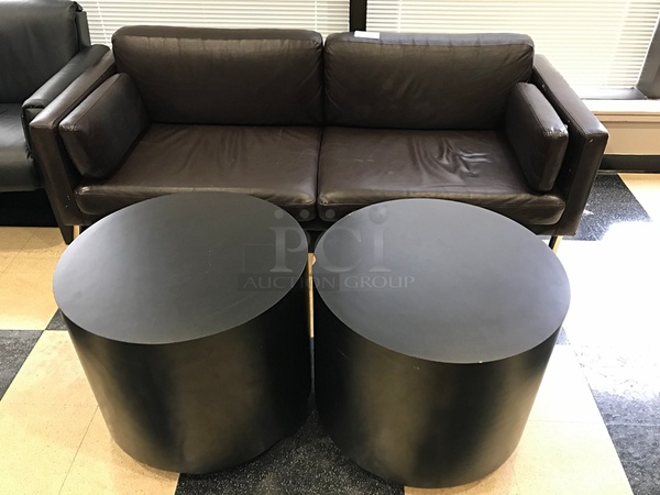 Leather Couch w/ Two Round Wooden Laminated Side Tables