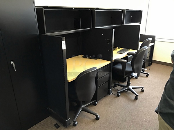 Bank of Three Cubicle Workstations w/ Herman Miller Task Chairs