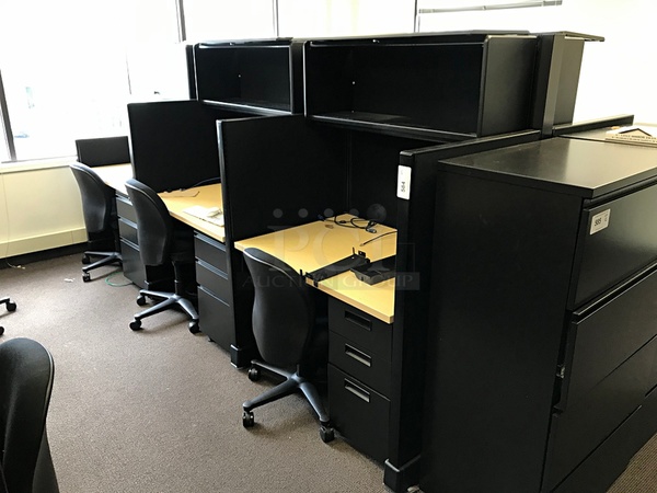 Six Back to Back Cubicle Workstations w/ Overhead Storage & Herman Miller Task Chairs