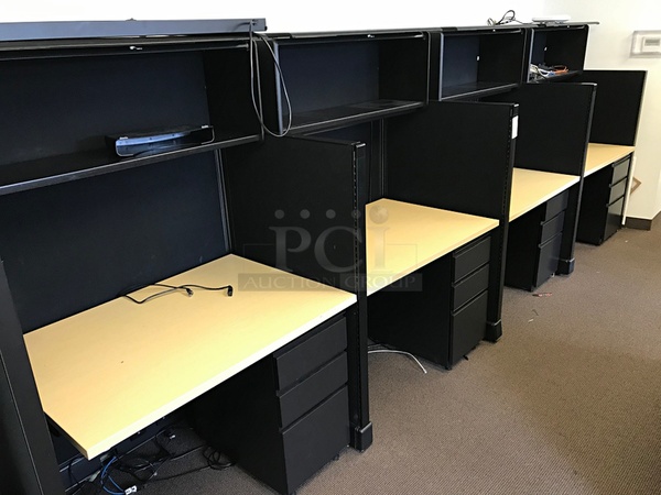 Bank of Four Cubicle Workstations w/ Overhead Storage