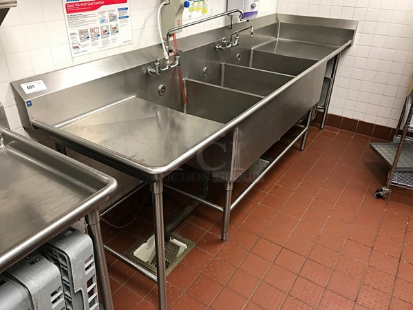 Three Compartment Stainless Steel Sink w/ Left & Right Drain Boards, Knee Drain Valves & Undercounter Sheet Pan Storage