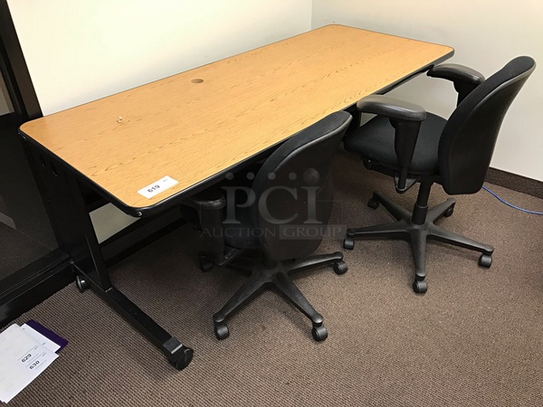 Wooden Desk w/ Metal Base on Casters & Two Herman Miller Task Chairs
