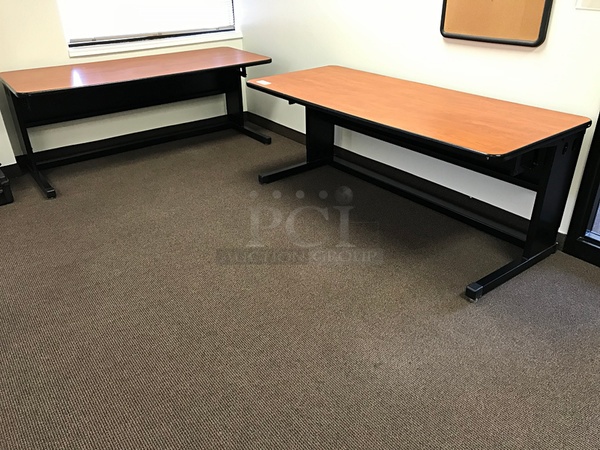 Two Wooden Desks on Metal Bases