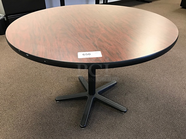 Round Wooden Meeting Table on Black Metal Base