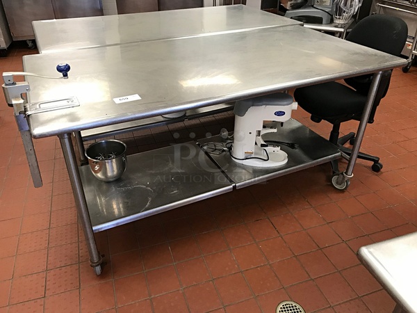 Stainless Steel Work Table w/ Undershelf on Casters & Edlund Manual Can Opener