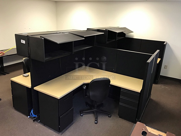4 Way Herman Miller Corner Desk Cubicles w/ Task Chairs & Three Lateral Filing Cabinets