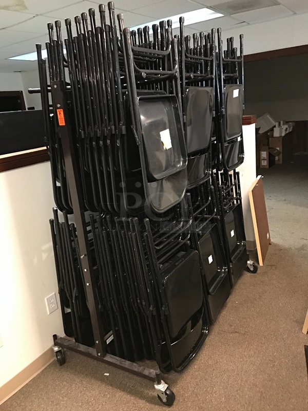 Approx. 60 Black Metal Folding Chairs on Storage Cart
