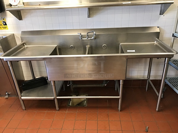 Stainless Steel Two Compartment Sink w/ Faucet & Left / Right Drainboards & Undershelf