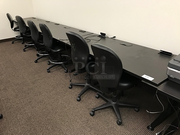 Three Black Wooden Laminated Desks w/ Herman Miller Task Chairs