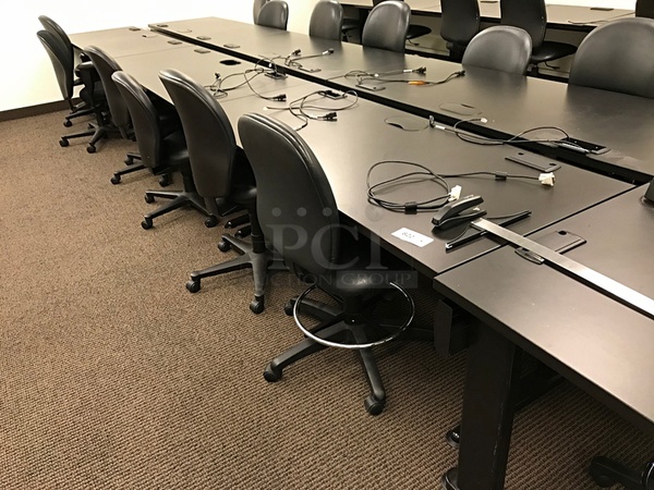 Three Black Wooden Laminated Desks w/ Herman Miller Task Chairs