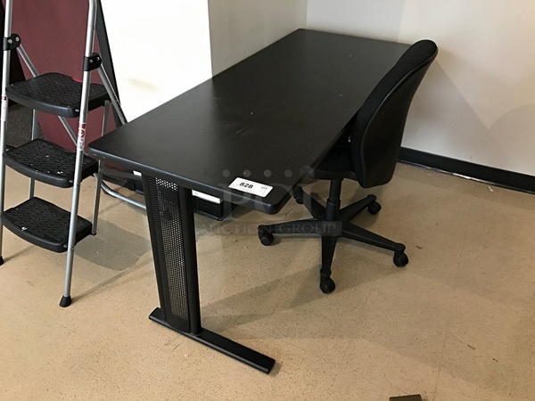 Black Wooden Laminated Desk w/ Metal Legs & Herman Miller Task Chair
