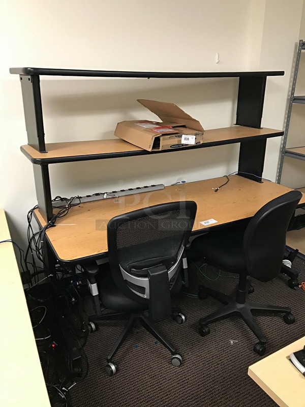 Wooden Desk w/ Two Overshelves & Two Task Chairs
