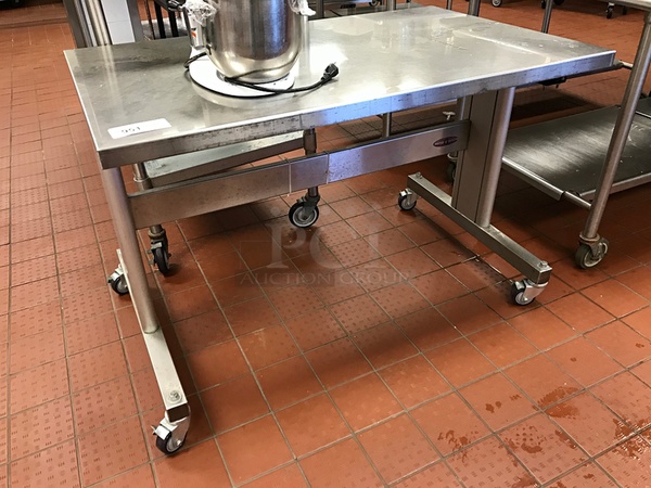 RDM Industrial Products Hydraulic-Assisted Height Adjustment w/ Electric Motor or Hand Crank, 500 pound capacity,  Stainless Steel Work Table on Casters