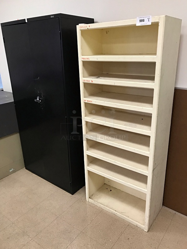 Black Metal Storage Cabinet & Wooden Bookshelf
