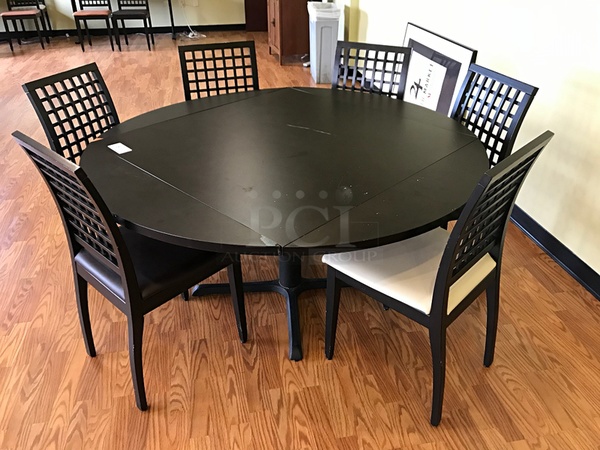 Black Round (or Square) Dining Table w/ Six Wooden Dining Chairs w/ Vinyl Padded Seats
