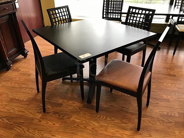 Black Square Dining Table w/ Four Wooden Dining Chairs w/ Vinyl Padded Seats