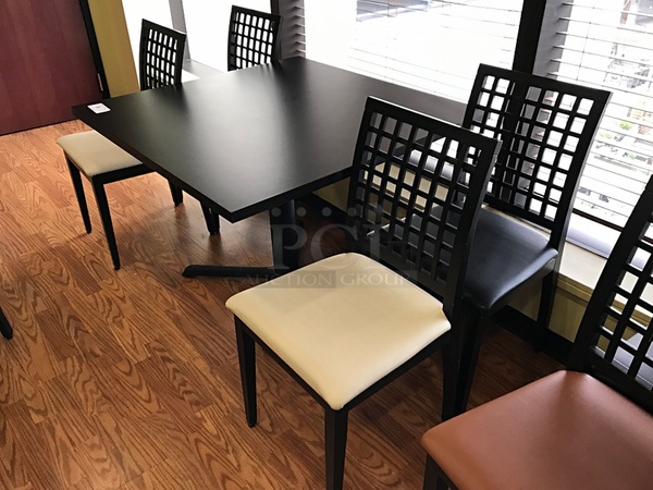Black Square Dining Table w/ Four Wooden Dining Chairs w/ Vinyl Padded Seats