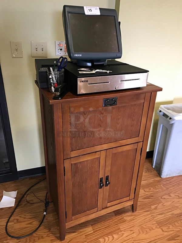 MicrOS Point Of Sale System w/ Cash Drawer & Receipt Printer on Wooden Cabinet