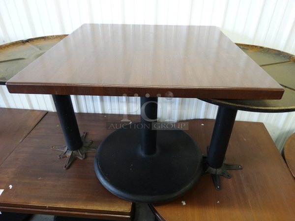 Butcher Block Wooden Pattern Square Table and Black Metal Table Base. Comes Disassembled. Stock Picture - Cosmetic Condition May Vary. 36x36x30