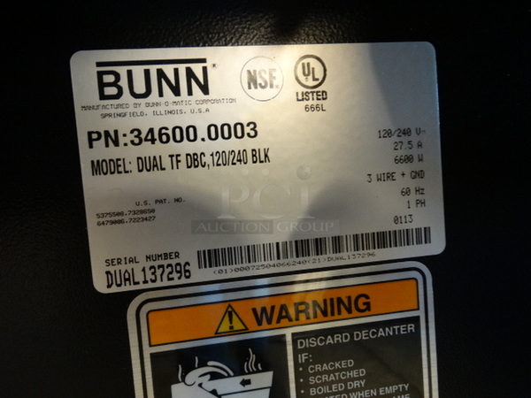 WOW! 2013 Bunn Model DUAL TF DBC Stainless Steel Commercial Countertop Dual Coffee Machine w/ Hot Water Dispenser and 2 Metal Brew Baskets. 22x22x36 - Image 7 of 7