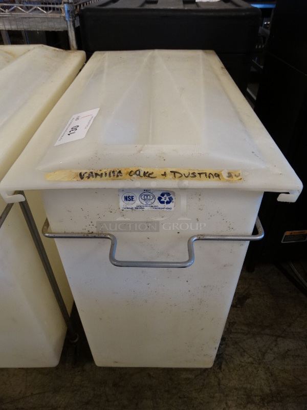 White Poly Ingredient Bin w/ Lid and Metal Frame on Commercial Casters. 15x30x30 - Image 1 of 3