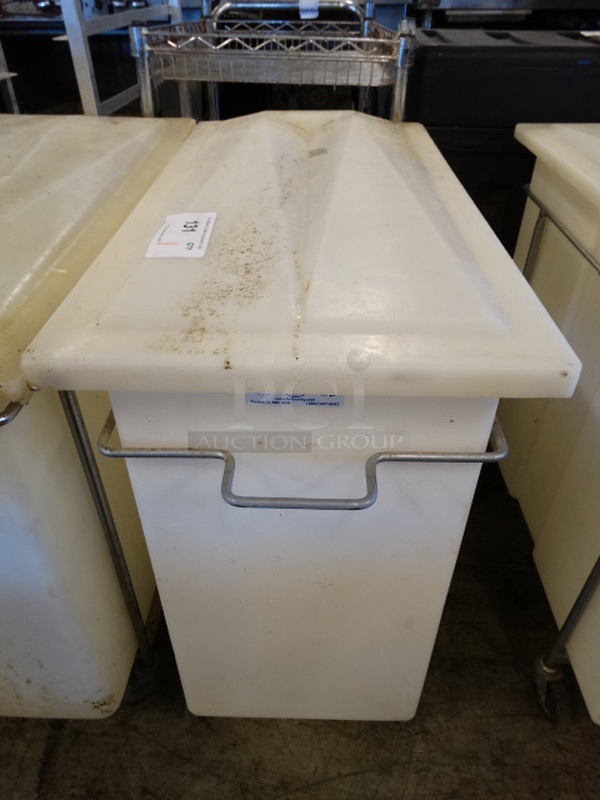 White Poly Ingredient Bin w/ Lid and Metal Frame on Commercial Casters. 15x30x30 - Image 1 of 4