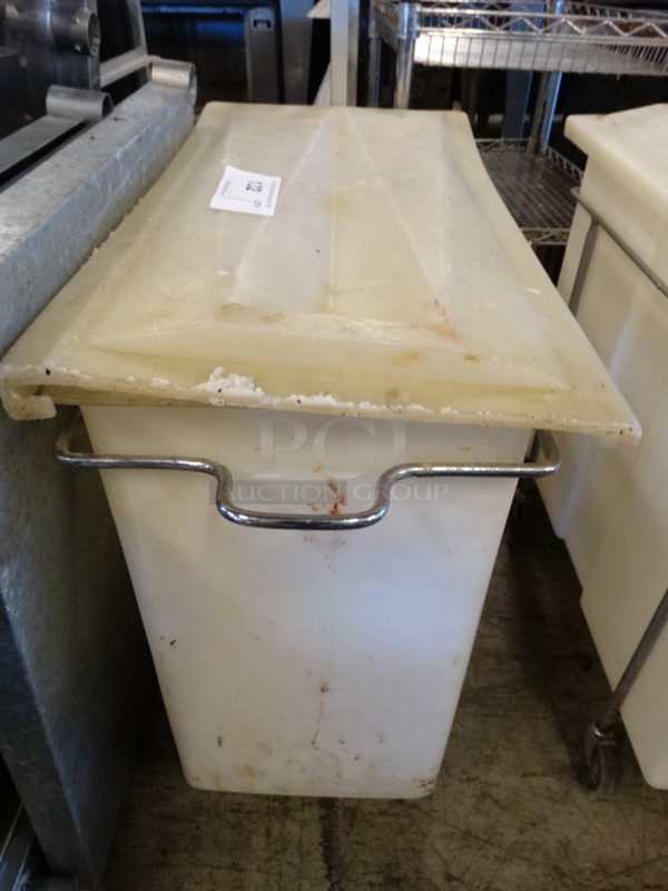 White Poly Ingredient Bin w/ Lid and Metal Frame on Commercial Casters. 15x30x30