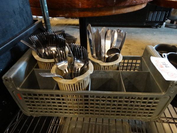 All One Money! Lot of 55 Pieces of Silverware in Caddy. 30 Forks, 19 Knives, 6 Spoons!