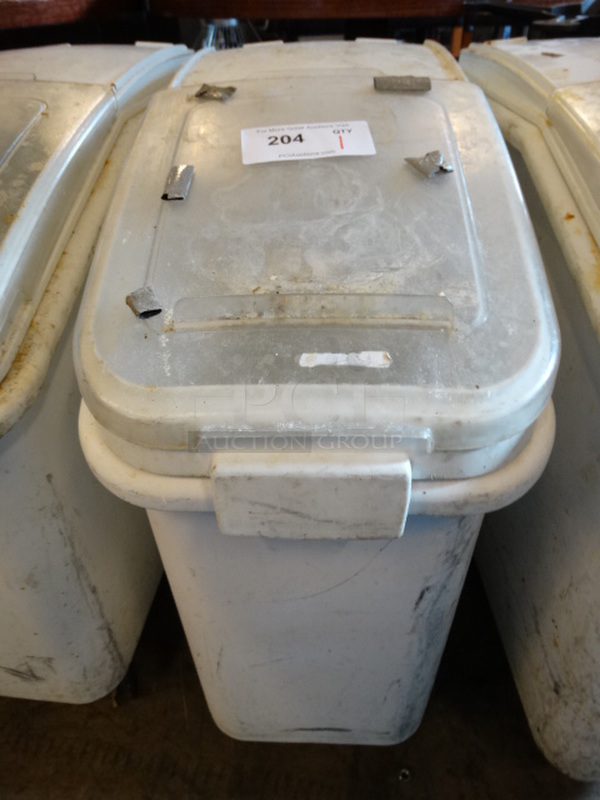 White Poly Ingredient Bin w/ Clear Lid on Commercial Casters. 13x30x29