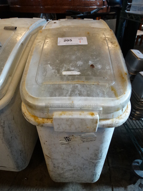 White Poly Ingredient Bin w/ Clear Lid on Commercial Casters. 13x30x29