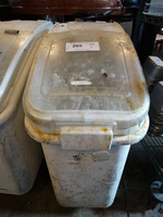 White Poly Ingredient Bin w/ Clear Lid on Commercial Casters. 13x30x29