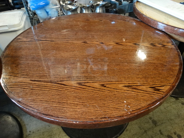 Butcher Block Wooden Pattern Round Table on Black Metal Table Base. Stock Picture - Cosmetic Condition May Vary. 42x42x31 - Image 2 of 4