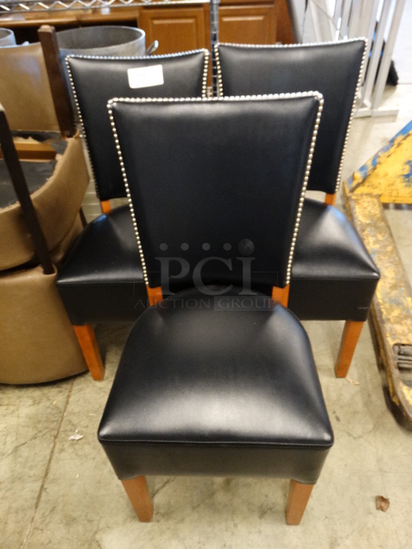 3 Dining Height Chairs w/ Black Cushions and Wood Pattern Frame. 18x18x36. 3 Times Your Bid!