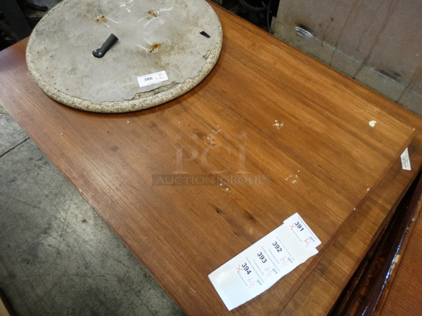 Butcher Block Wooden Pattern Table and 2 Black Metal Straight Leg Table Bases. Comes Disassembled. Stock Picture - Cosmetic Condition May Vary. 54x36x30