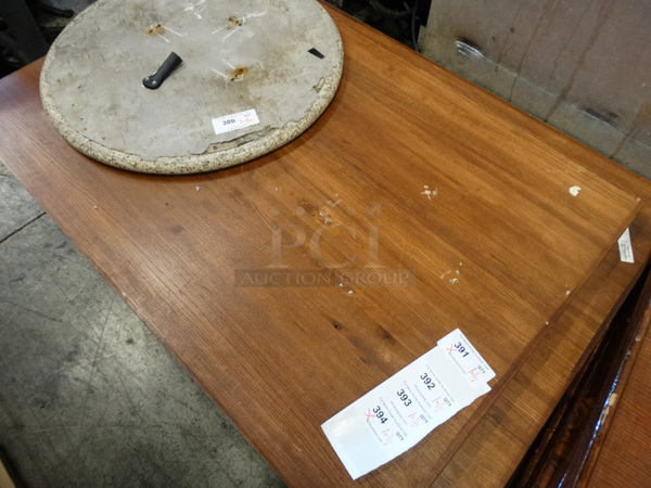 Butcher Block Wooden Pattern Table and 2 Black Metal Straight Leg Table Bases. Comes Disassembled. Stock Picture - Cosmetic Condition May Vary. 54x36x30 - Image 1 of 4