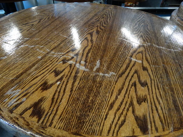 Butcher Block Wooden Pattern Round Tabletop on Black Metal Table Base. Stock Picture - Cosmetic Condition May Vary. 30x30x42 - Image 3 of 5