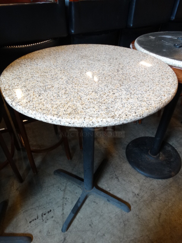 Granite Round Tabletop on Black Metal Table Base. Stock Picture - Cosmetic Condition May Vary but There are no Cracks. 30x30x42 - Image 1 of 6