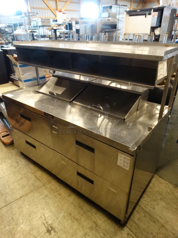 GREAT! 2009 Delfield Model UCD4464N-12-DDS Stainless Steel Commercial Sandwich Salad Prep Table Bain Marie Mega Top w/ Overshelf and 4 Drawers on Commercial Casters. 115 Volts, 1 Phase. 97x42x53. Cannot Test Due To Cut Cord