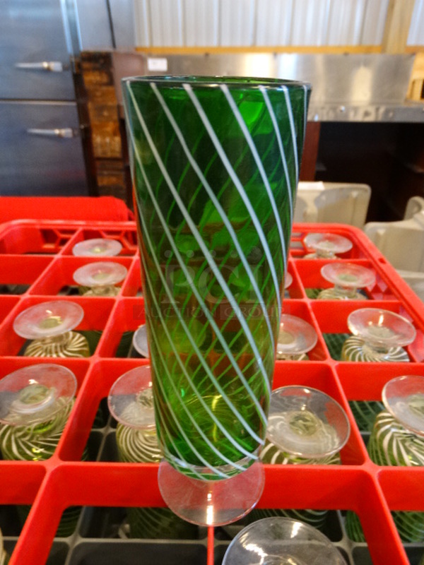 22 Green Striped Footed Glasses in Dish Caddy. 2.5x2.5x8. 22 Times Your Bid! - Image 1 of 2