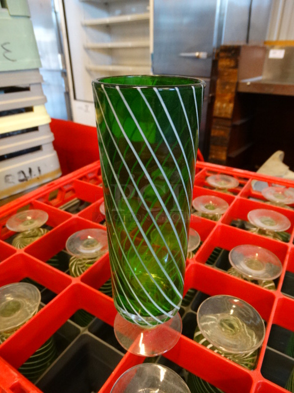 22 Green Striped Footed Glasses in Dish Caddy. 2.5x2.5x8. 22 Times Your Bid! - Image 2 of 2